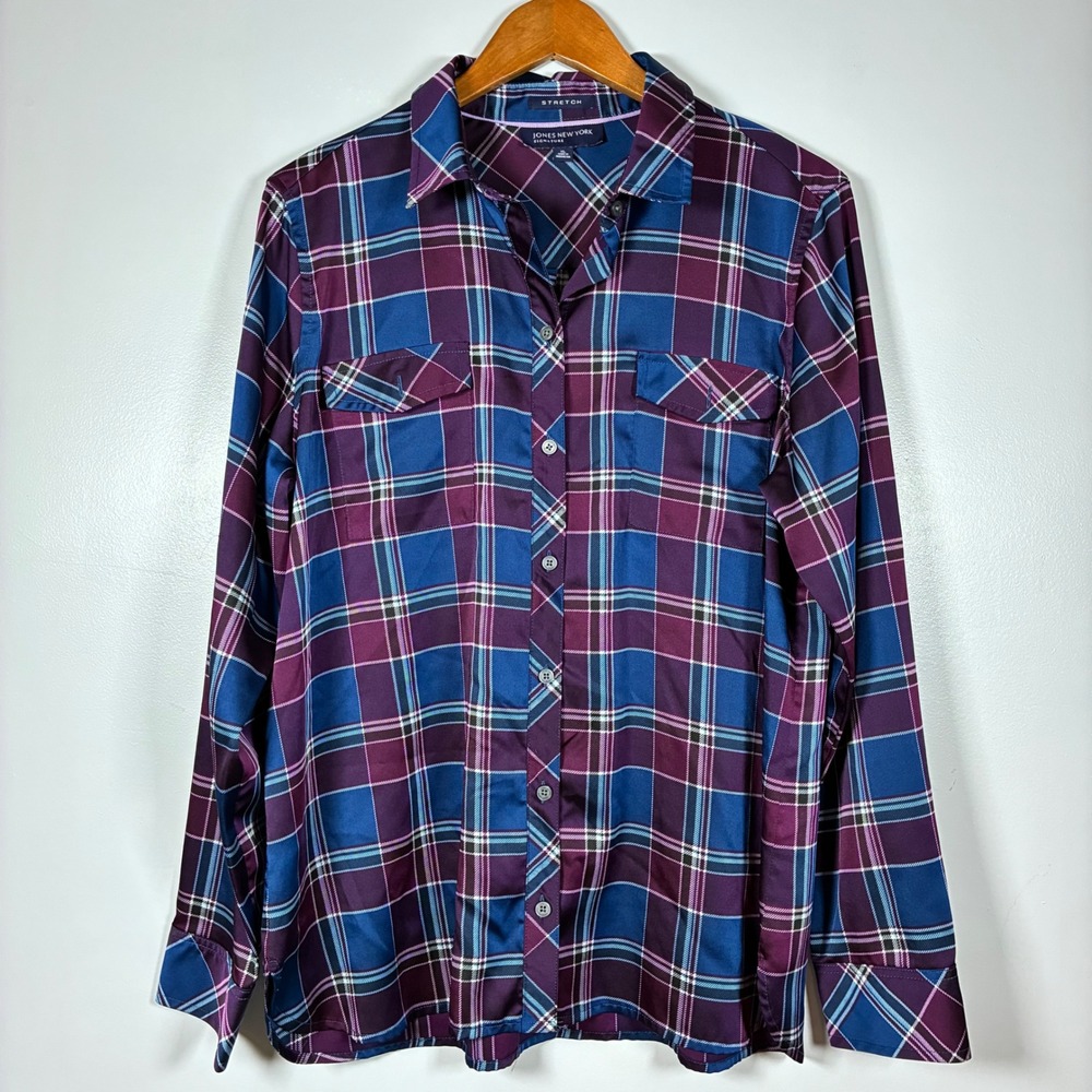 Jones New York Button Down Shirt XL Plaid Stretch Office Layer Fall Preppy